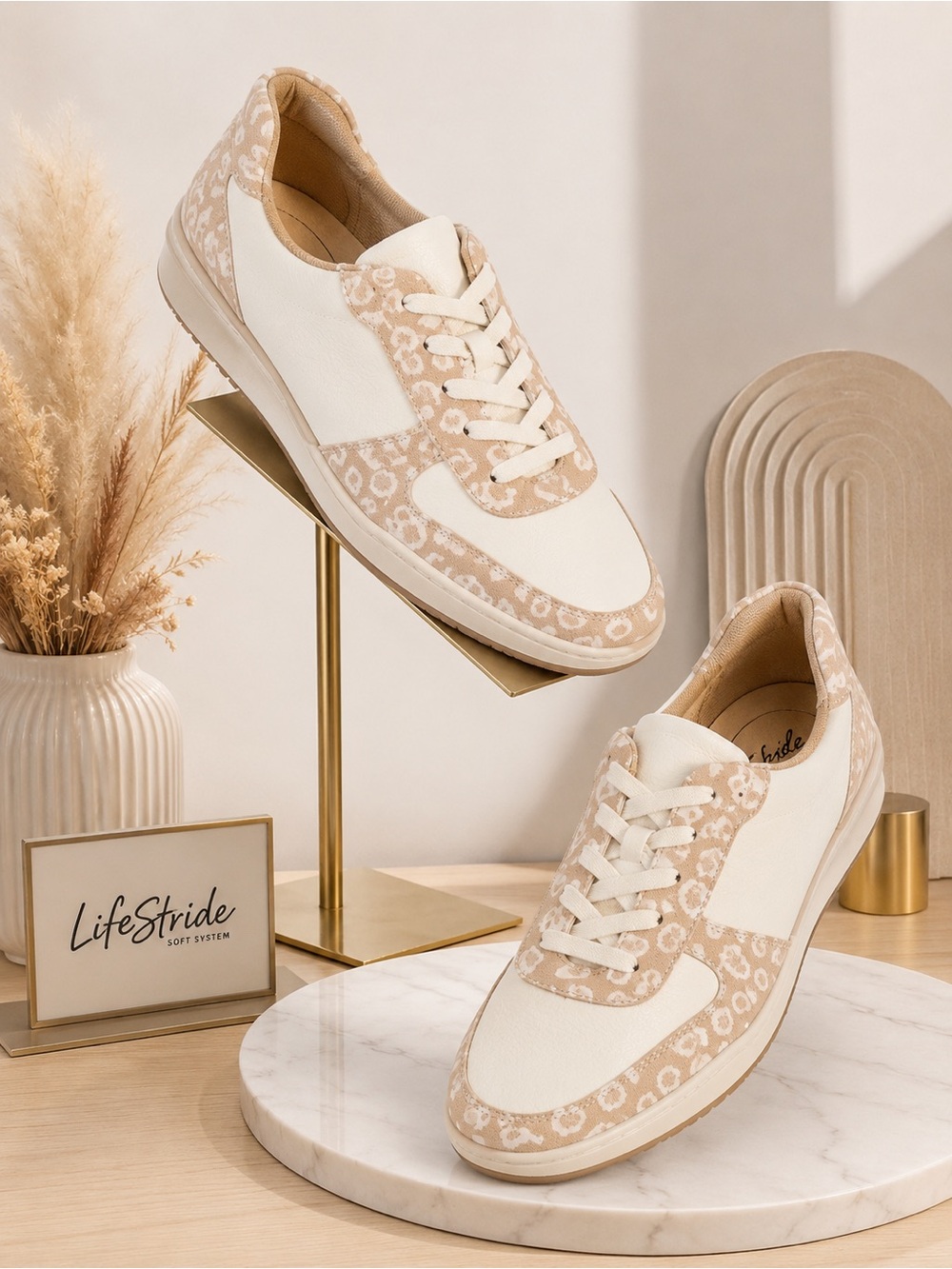Life Stride Women’s Cream & Beige Leopard Print Casual Sneakers - NWOT